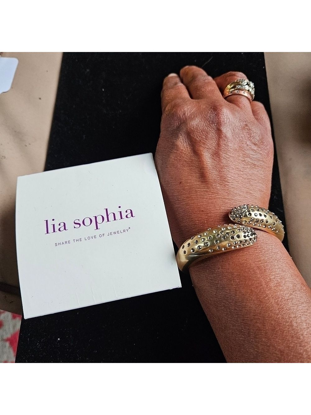 Lia Sophia Gold-tone & Rhinestones Hinged Cuff Bracelet